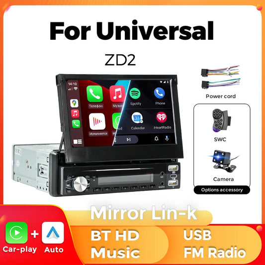7 Inch Automatic Retractable Touch Screen Wireless Carplay Android Auto Universal 1 Din Car MP5 Player FM Radio BT Mirror Lin-k