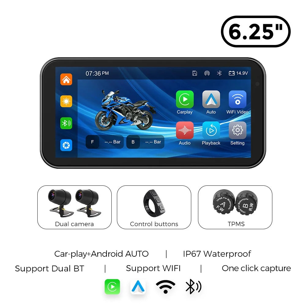 New 6.25‘’ Portable Carplay Motorcycle GPS Waterproof screen Wireless Carplay moto&Android Auto Monitor Dual DVR Camera BT TPMS
