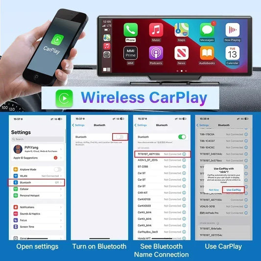 10.26" Wireless Carplay & Android Auto 4K Dash DVR Cam Smart Screen Dashboard Video Recorder Rearview Camera BT Mirror Monitor