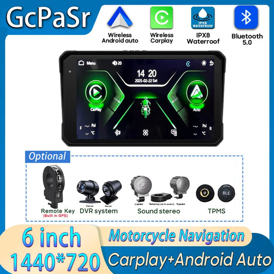 6 inch Motorcycle Navigation Incell Screen 1440*720 Wireless CarPlay Android Auto Motorcycle GPS Motor DVR Monitor TPMS Optional