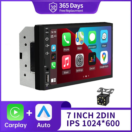 2Din 7 Inch HD Screen Full Touch Carplay Android Auto Car Raido Multimedia MP5 Player Stereo USB Bluetooth With Reverse Camera