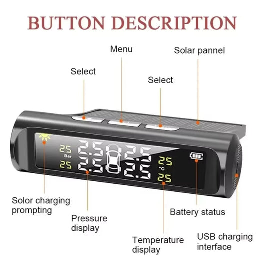 Solar Power Tyre Digital LCD Display Auto Security TPMS Internal Sensor Tire Pressure Monitoring System for Cars