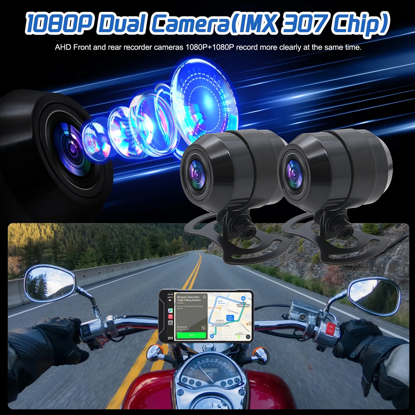 GPS Navigation Wireless Carplay IPS Touch Screen DVR 1080P Dual Dashcam with Front and Rear Cameras Tire Pressure for Motorcycle