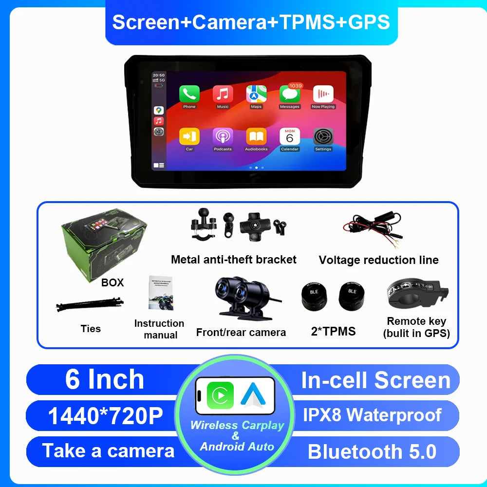 6 Inch Portable Carplay Motorcycle DVR Multimedia Player GPS Navigation Wireless Android Auto Waterproof Screen In-cell screen