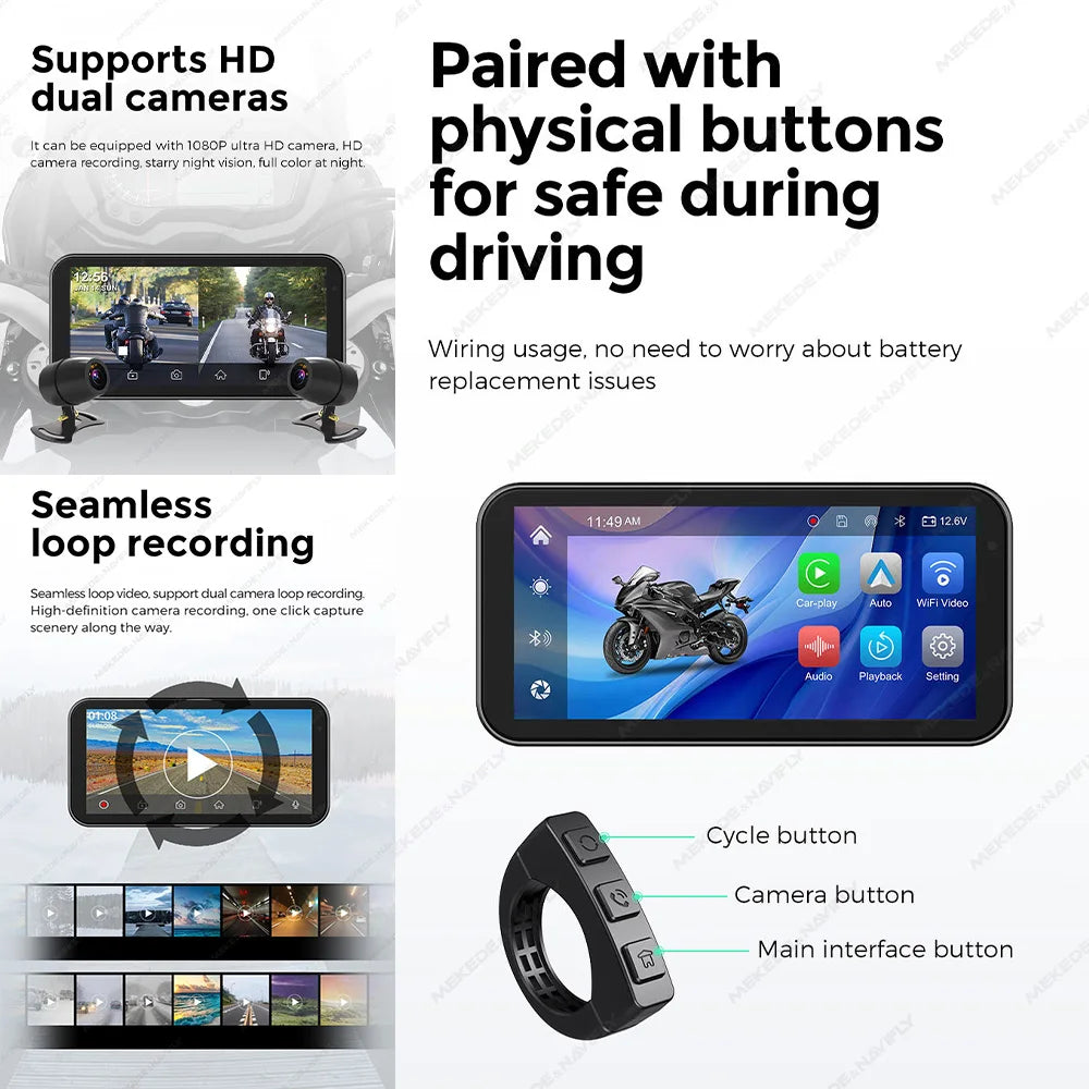 New 6.25‘’ Portable Carplay Motorcycle GPS Waterproof screen Wireless Carplay moto&Android Auto Monitor Dual DVR Camera BT TPMS