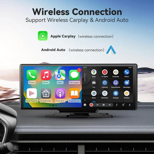 10.26'' Portable 4K Dash Cam Wireless CarPlay Android Auto Car Monitor Dashboard Car DVR Video Recorder GPS FM BT