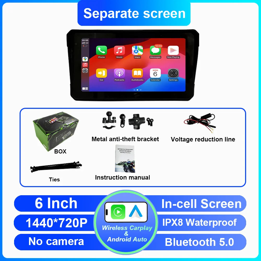 6 Inch Portable Carplay Motorcycle DVR Multimedia Player GPS Navigation Wireless Android Auto Waterproof Screen In-cell screen
