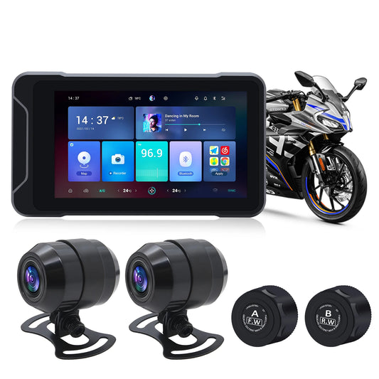 GPS Navigation Wireless Carplay IPS Touch Screen DVR 1080P Dual Dashcam with Front and Rear Cameras Tire Pressure for Motorcycle