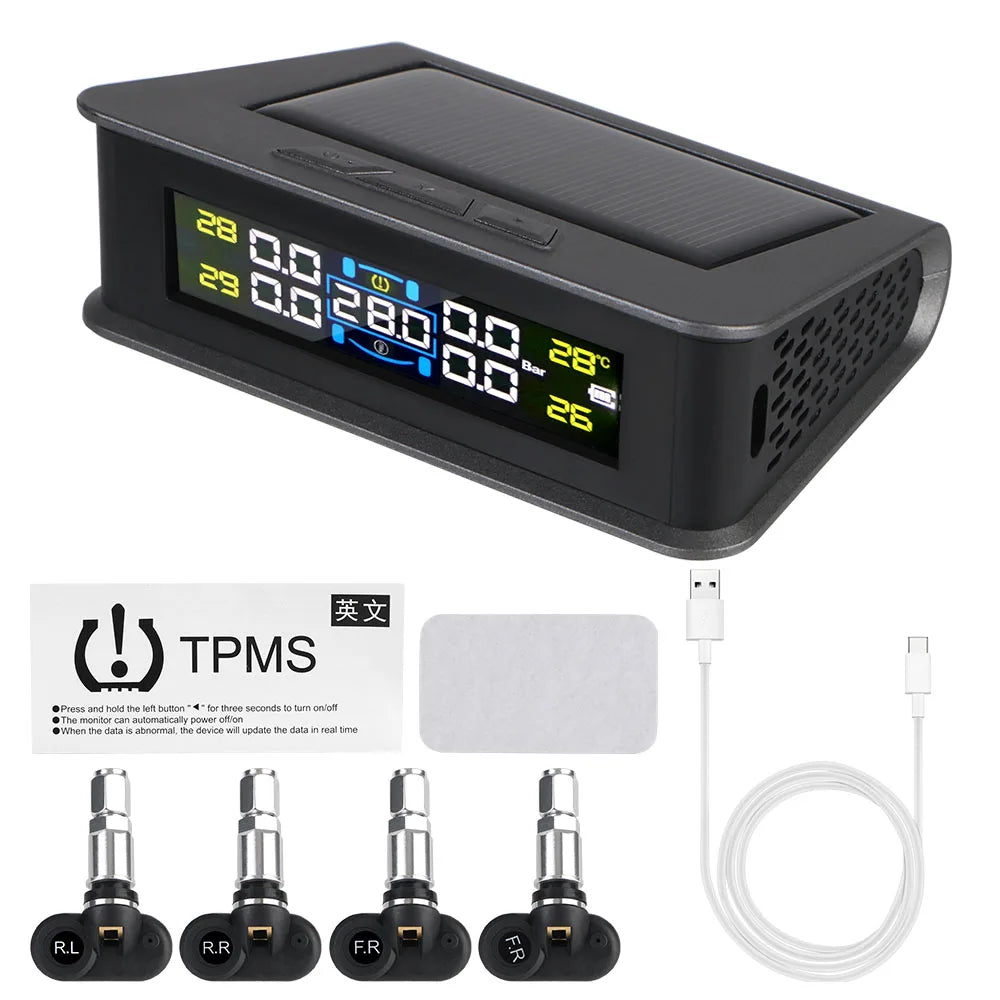 Tire Pressure Monitoring System Digital LCD Display Solar/USB Powered Car TPMS Auto Security Alarm Systems