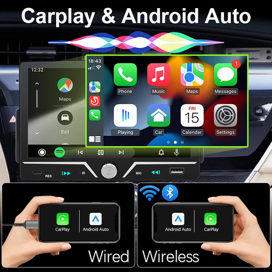 Car Radio 7"1 Din Wireless/Wire Android Auto Carplay IPS Touch Screen 7 Color Buttons Bluetooth Type-C Charging Mirror Link
