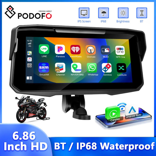 Podofo 6.86'' Smart Screen Player Motorcycle Carplay Android Auto IP68 Waterproof Bluetooth Tire Pressure Airplay Android Cast