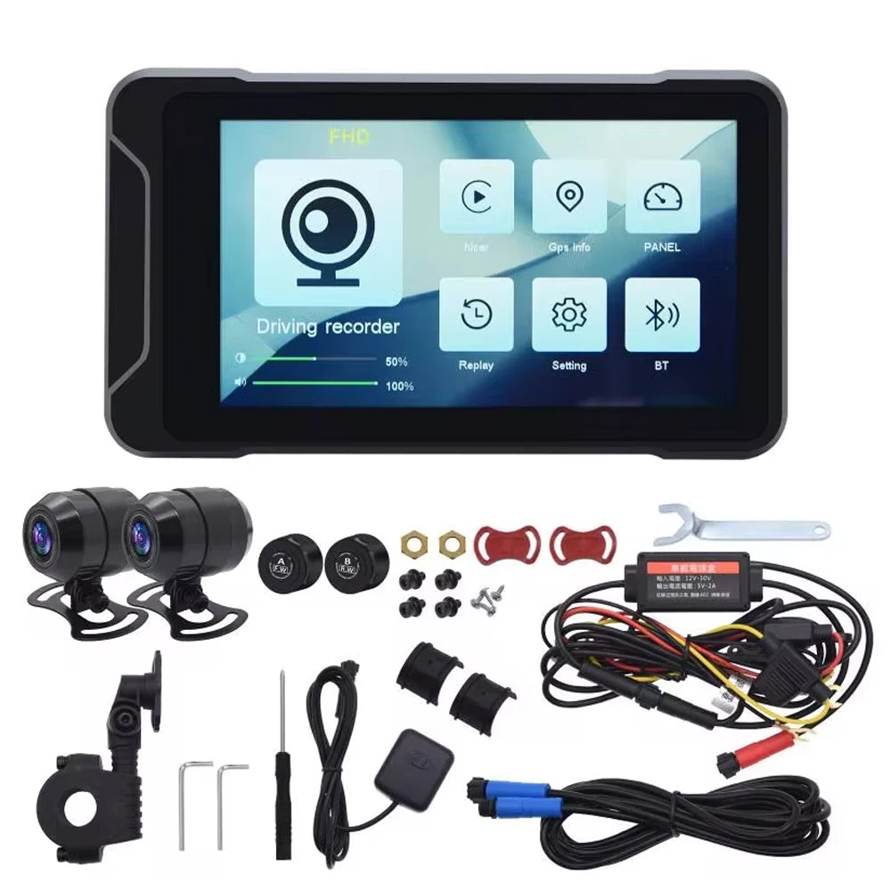 GPS Navigation Wireless Carplay IPS Touch Screen DVR 1080P Dual Dashcam with Front and Rear Cameras Tire Pressure for Motorcycle