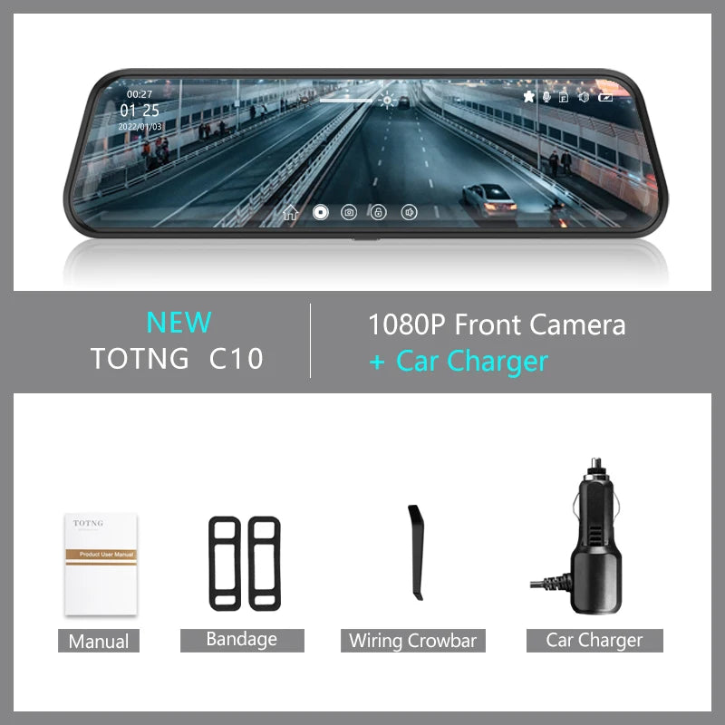 10-inch for Car Touch Screen Video Recorder Rearview mirror Dash Cam Front and Rear Camera Mirror DVR (Rear camera optional)