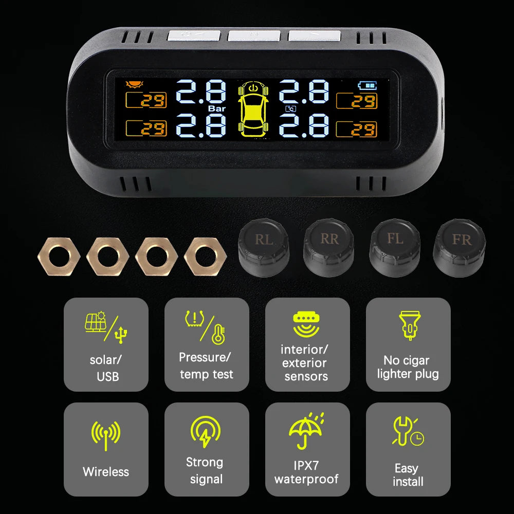 Digital LCD Display Auto Security Alarm Systems Solar/USB Powered Car TPMS Tire Pressure Monitoring System