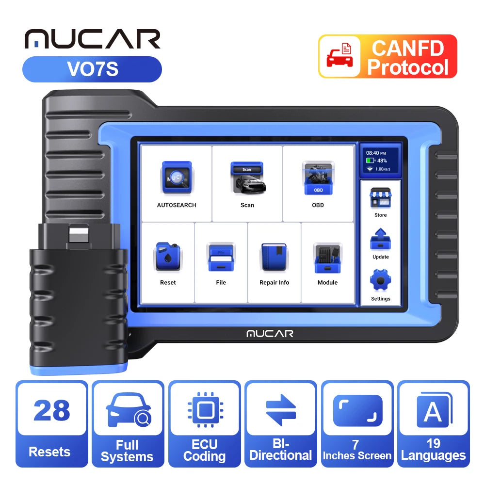 MUCAR VO7S CANFD Car Diagnostic Tool Full Systems diagnosis 28 Resets Scan Tool Bi-Directional Contorls ECU Coding OBD2 Scanner