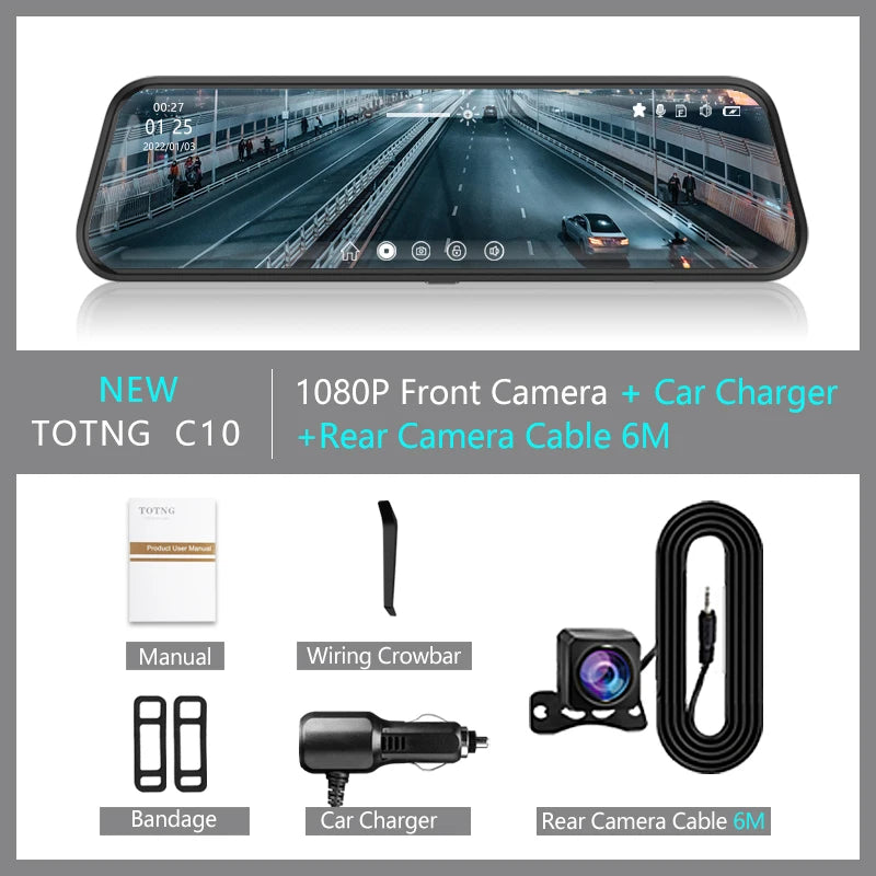 10-inch for Car Touch Screen Video Recorder Rearview mirror Dash Cam Front and Rear Camera Mirror DVR (Rear camera optional)