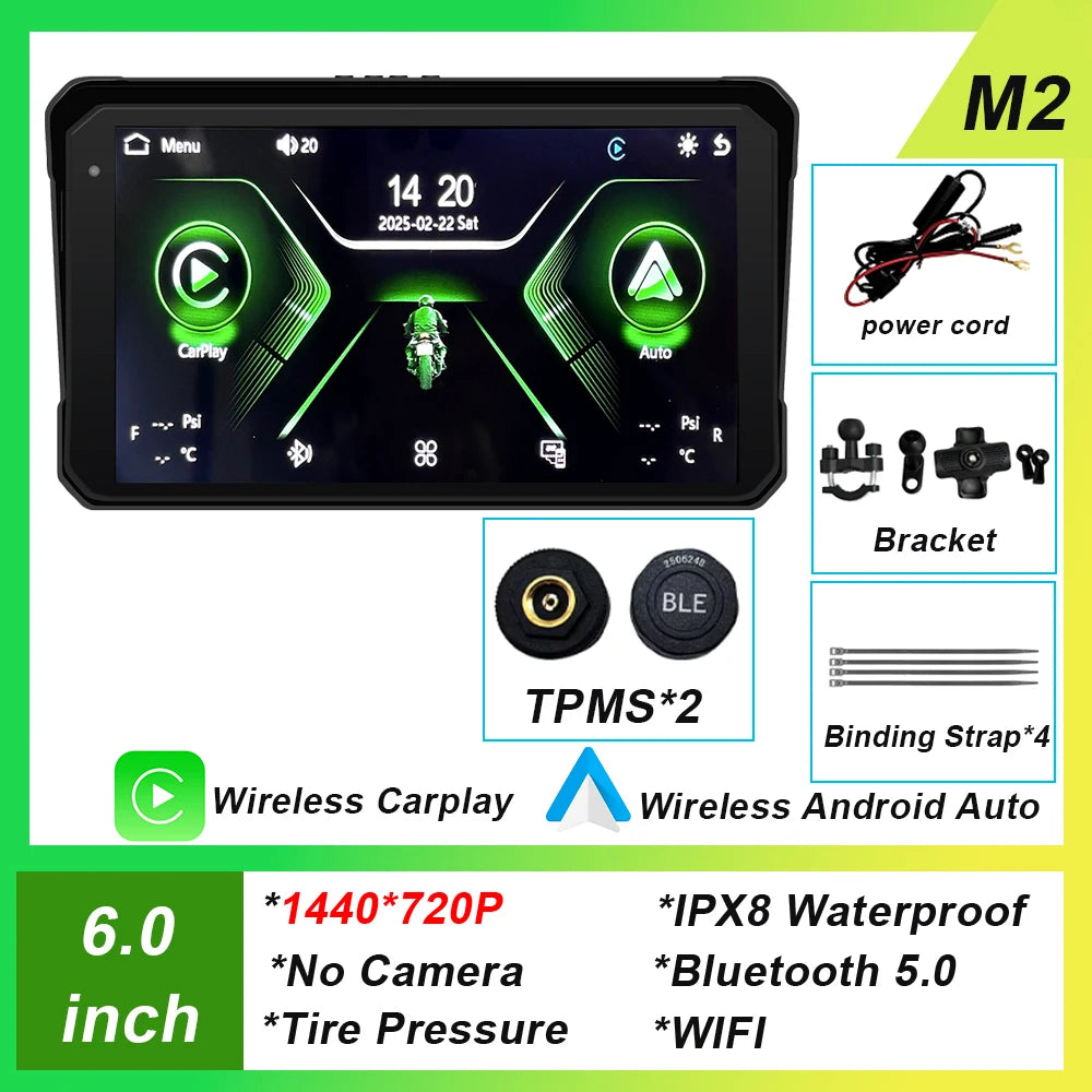 6 inch Screen For Car Motorcycle Waterproof IPX8 Monitor Dash Cam GPS Navigation Wireless Carplay Android Auto With TPMS DVR