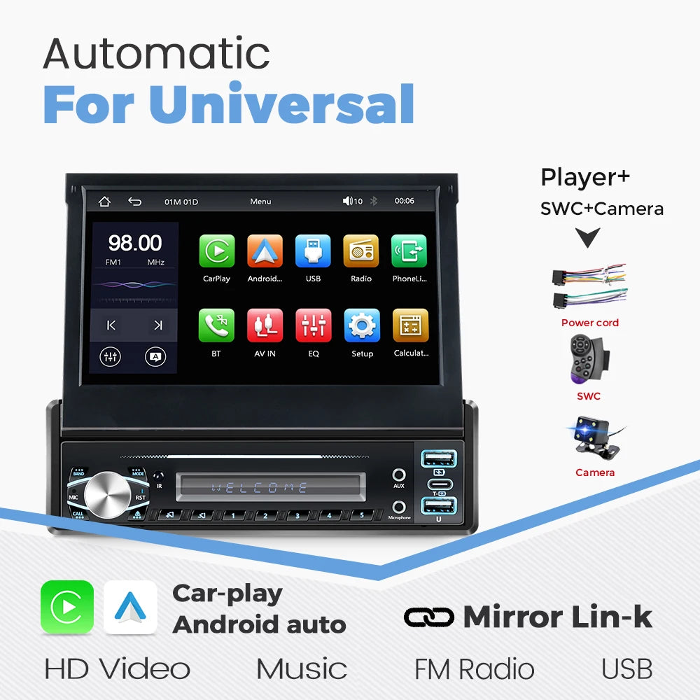 7 Inch Automatic Retractable Touch Screen Wireless Carplay Android Auto Universal 1 Din Car MP5 Player FM Radio BT Mirror Lin-k