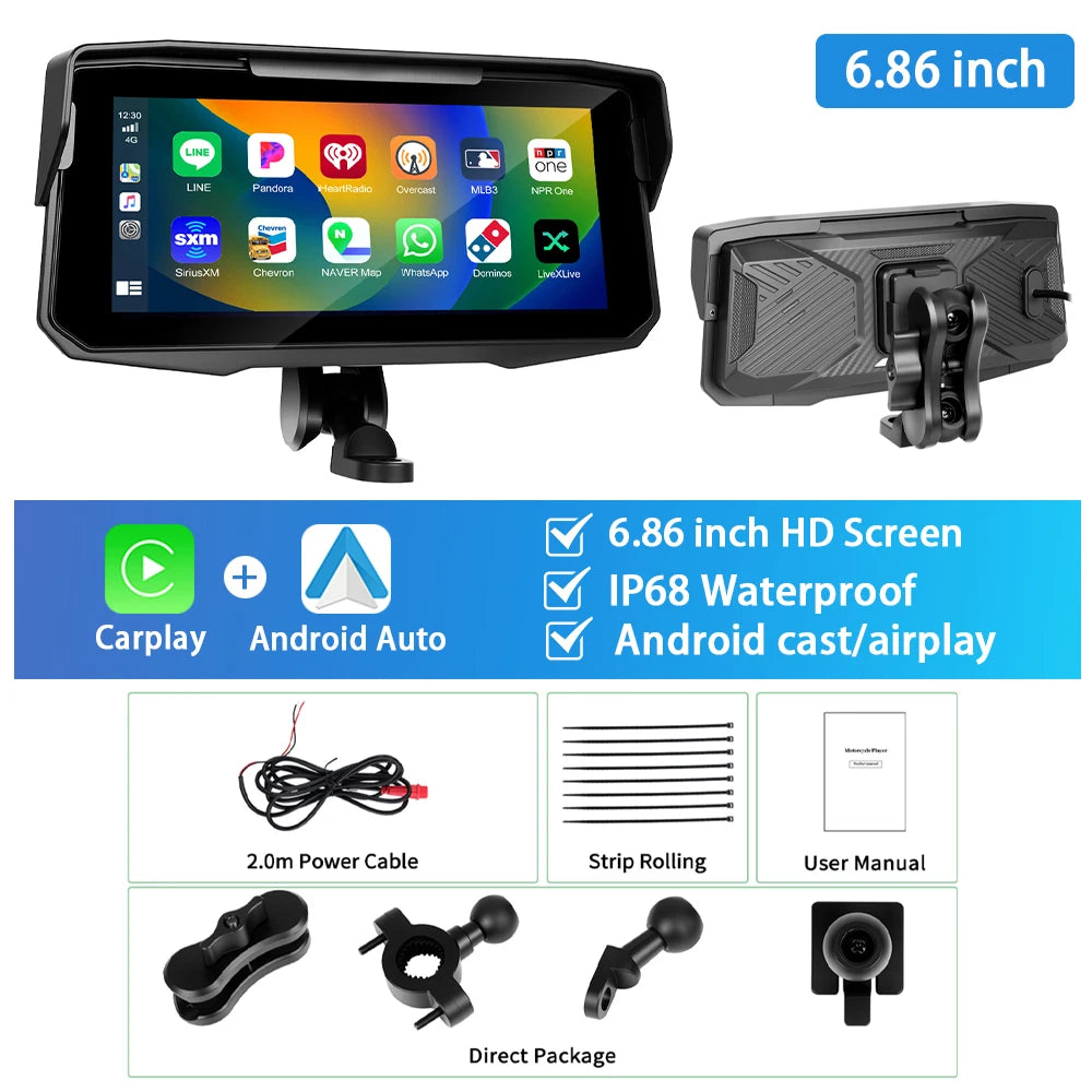 Podofo 6.86'' Smart Screen Player Motorcycle Carplay Android Auto IP68 Waterproof Bluetooth Tire Pressure Airplay Android Cast