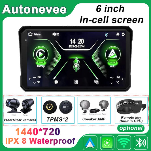 6 inch Screen For Car Motorcycle Waterproof  IPX8 Monitor Dash Cam GPS Navigation Wireless Carplay Android Auto With TPMS DVR