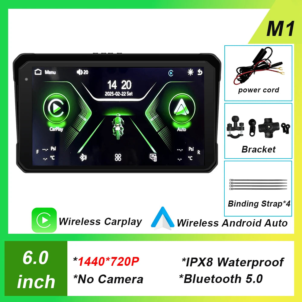 6 inch Screen For Car Motorcycle Waterproof IPX8 Monitor Dash Cam GPS Navigation Wireless Carplay Android Auto With TPMS DVR