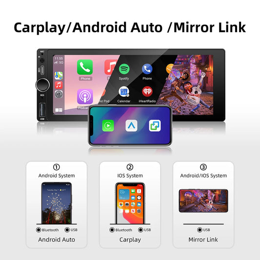 Universal 1 Din Android 6.86 Inch HD Touch Screen Wireless CarPlay Auto Car Radio Multimedia Video Player GPS FM