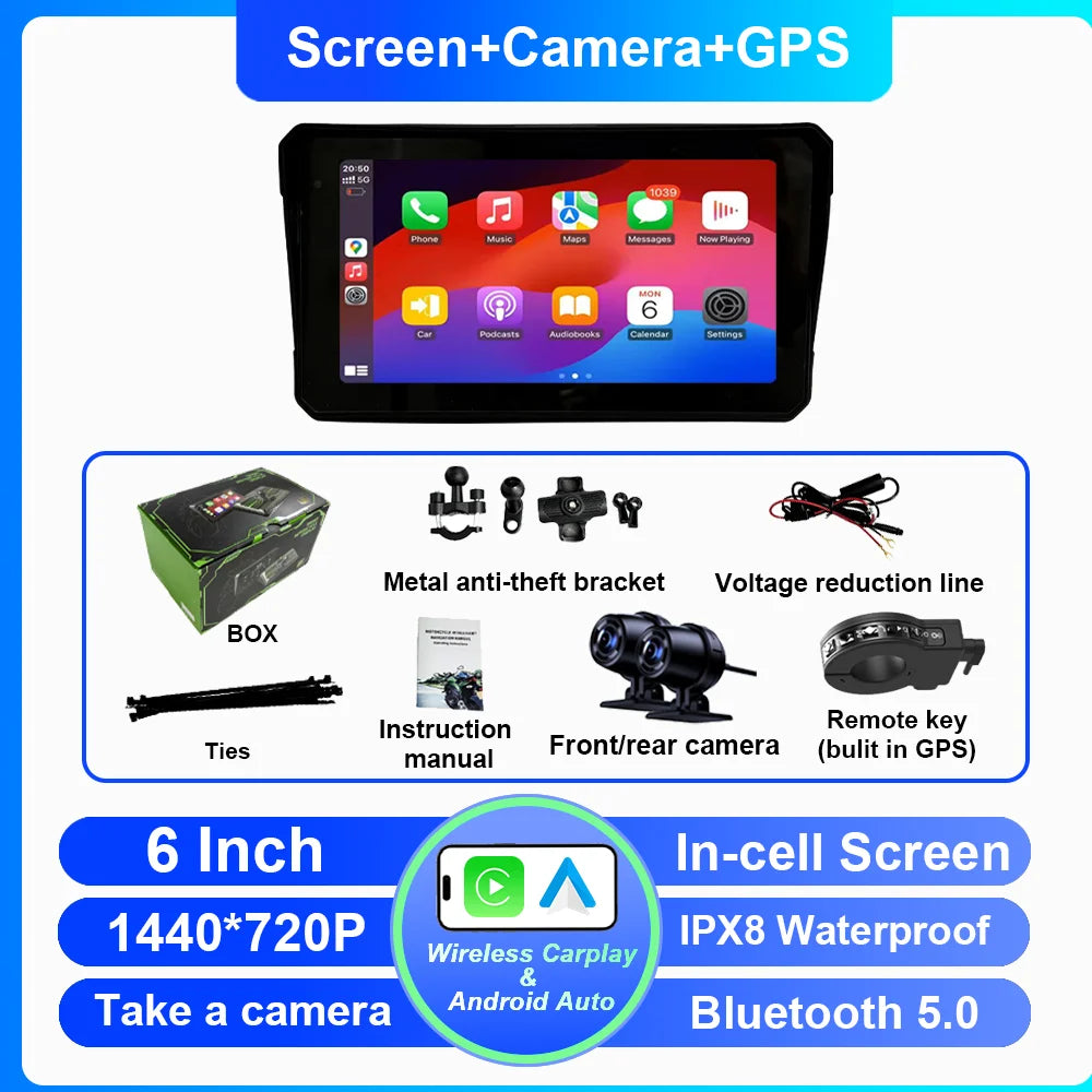 6 Inch Portable Carplay Motorcycle DVR Multimedia Player GPS Navigation Wireless Android Auto Waterproof Screen In-cell screen