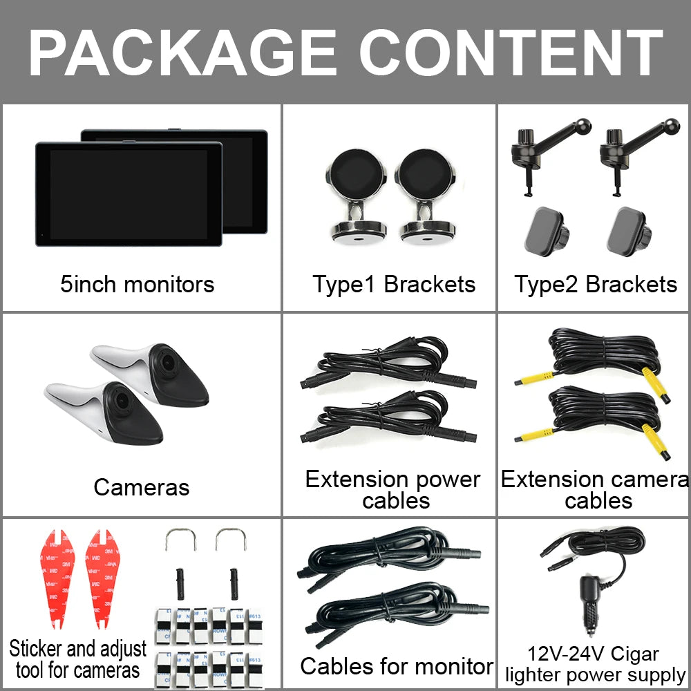 5 Inch Touch Screen Digital Side View Monitor,AHD 1080P Camera,with AI Function(2monitors+2cameras)and Blind Spot Warning System