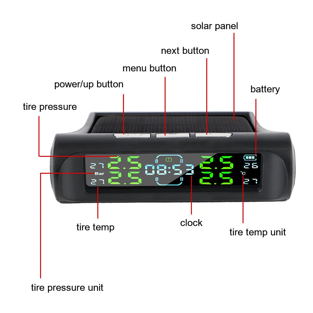 Auto Security Alarm Systems Digital LCD Display USB / Solar TPMS Car Tire Pressure Monitoring System With Digital Clock