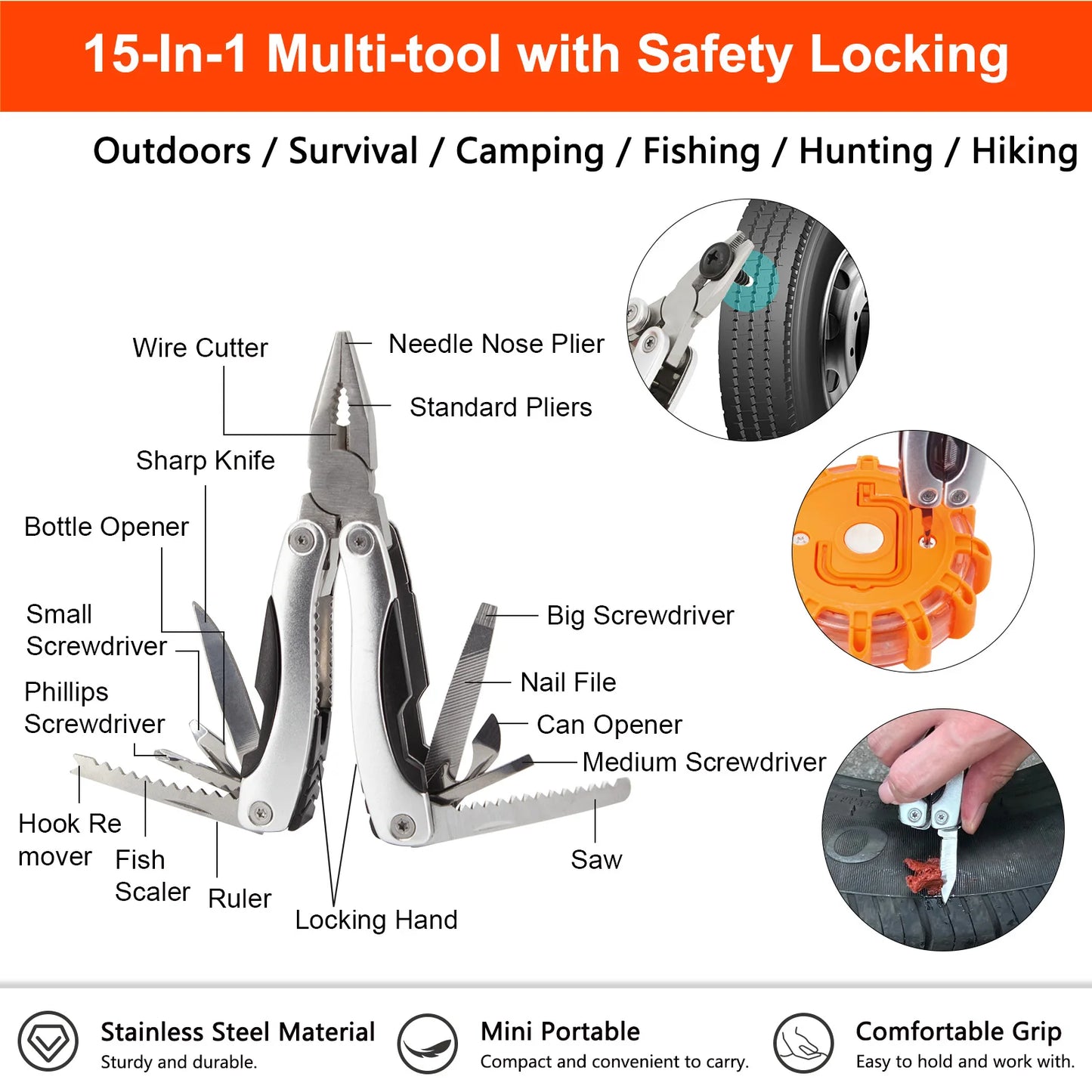 Car Tire Repair Kit With Telescoping Magnet Flashlight Pickup Tool Multi-tool Pliers Pressure Gauge Plugs Roadside Toolbox