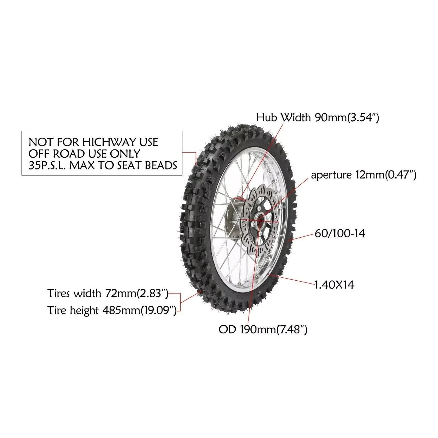 14" Front Wheel 60/100-14 Tire 1.4x14 Rim & 80/100-12 3.0-12 Rear Wheel Tire Rim Assembly for Dirt Pit Pro Bike Apollo 125cc