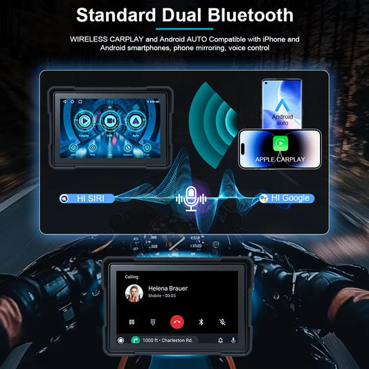 6 inch Screen For Car Motorcycle Waterproof  IPX8 Monitor Dash Cam GPS Navigation Wireless Carplay Android Auto With TPMS DVR