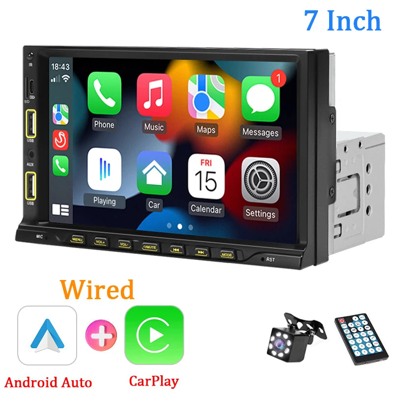 7inch Carplay Android Auto 1 Din Car Radio MP5 Multimedia Player Touch Screen FM Aux Input Bluetooth USB MirrorLink Universal