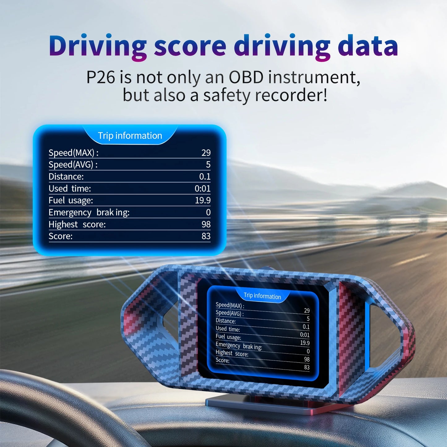 P26 Multi-function Smart Car System GPS OBD2 Head Up Display With Speedometer Tachometer Fuel Consumption Water Temp Voltage