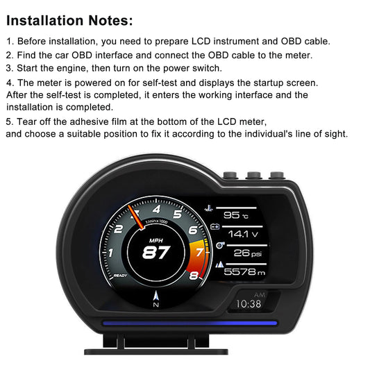 Digital Head‑Up Displayer Speed Warning Head Up Display OBD2+GPS Smart Gauge Car HUD Speedometer Turbo RPM Alarm for Car Truck