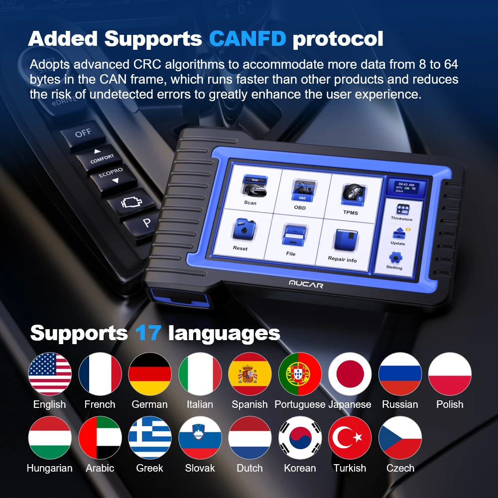 MUCAR VO7S CANFD Car Diagnostic Tool Full Systems diagnosis 28 Resets Scan Tool Bi-Directional Contorls ECU Coding OBD2 Scanner