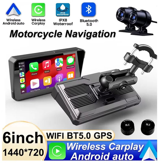 6 inch Motorcycle Navigation Incell Screen 1440*720 Wireless CarPlay Android Auto Motorcycle GPS Motor DVR Monitor TPMS Optional