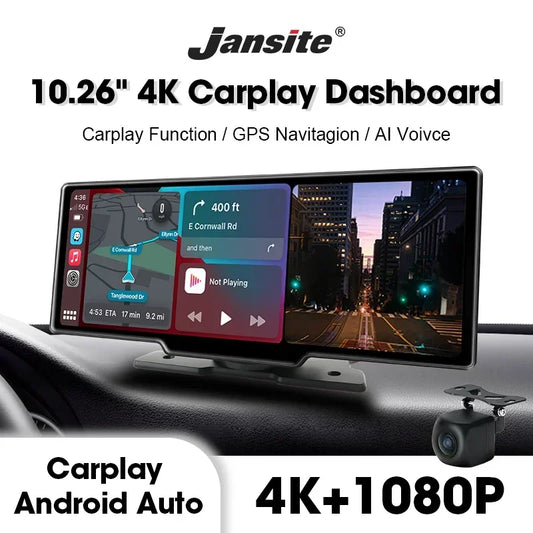 10.26" Wireless Carplay & Android Auto 4K Dash DVR Cam Smart Screen Dashboard Video Recorder Rearview Camera BT Mirror Monitor