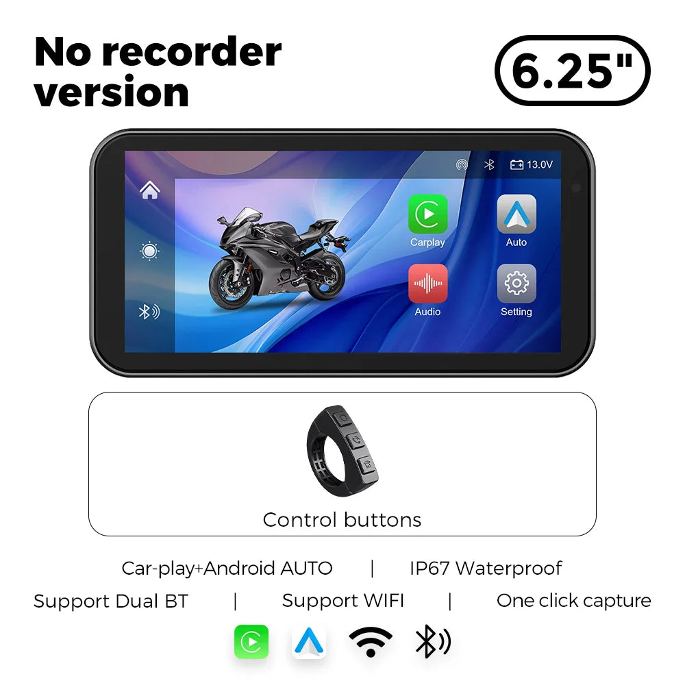 New 6.25‘’ Portable Carplay Motorcycle GPS Waterproof screen Wireless Carplay moto&Android Auto Monitor Dual DVR Camera BT TPMS