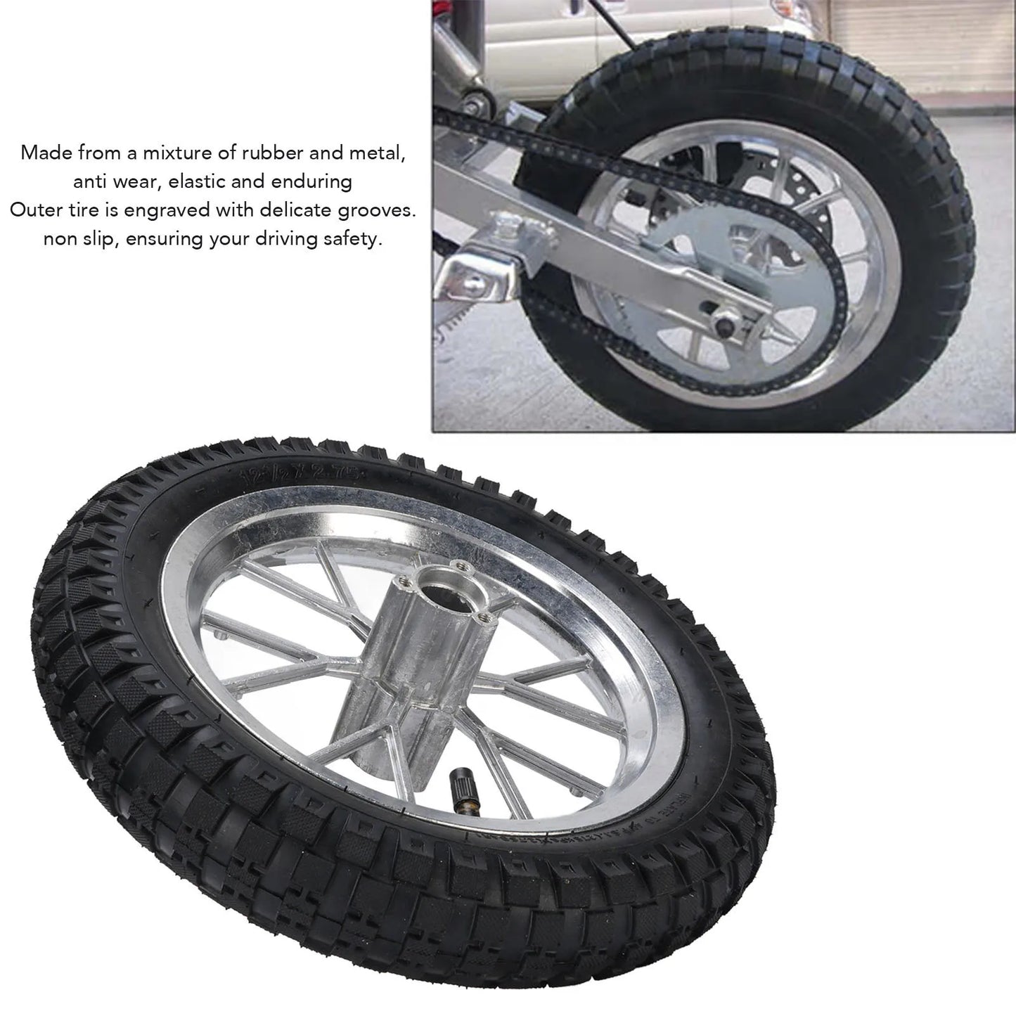 12 1/2X2.75 12.5x2.75 Tire Metal Rubber Rear Wheel Rim Tire Assembly for 2 Stroke Bike 47cc 49cc Motorcycle Rear Tyre