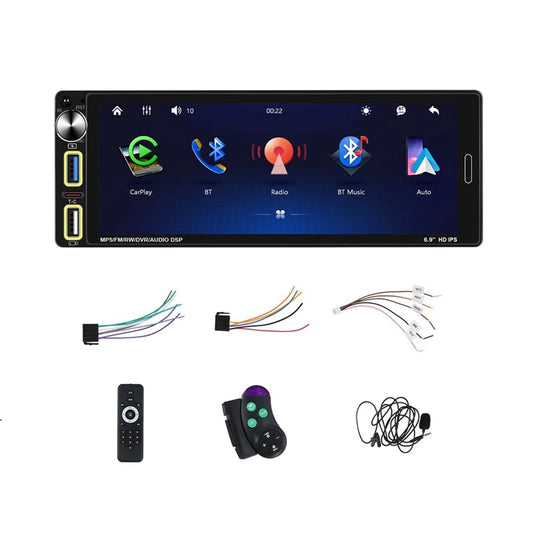Single Din Car Stereo With Carplay Android Auto, 6.9 Inch IPS Touch Screen Car Radio Bluetooth FM AM USB SWC