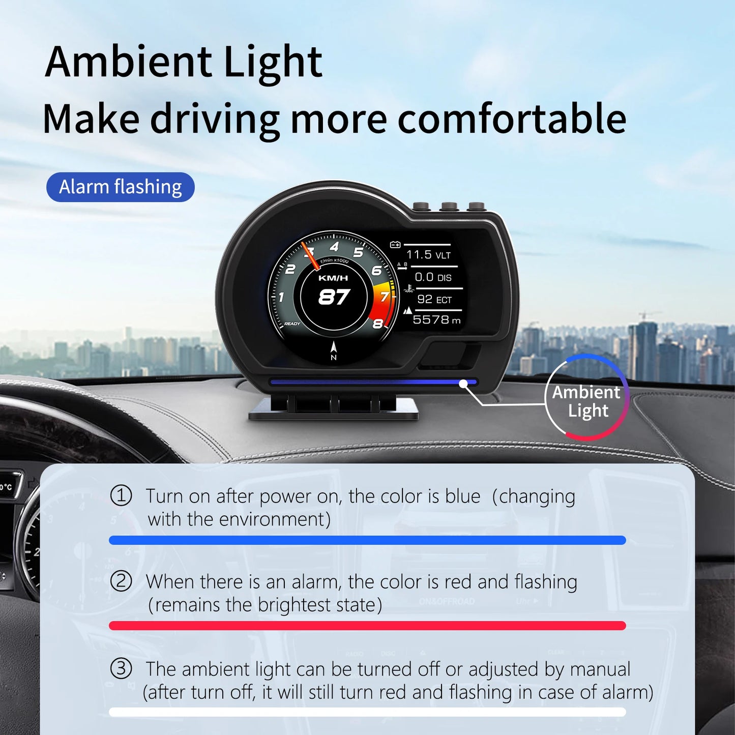 Car HUD Head-Up Display P6, OBD+GPS Smart Instrument Panel, High-Definition Speedometer Car Diagnostic Tool Over-speed fault ala