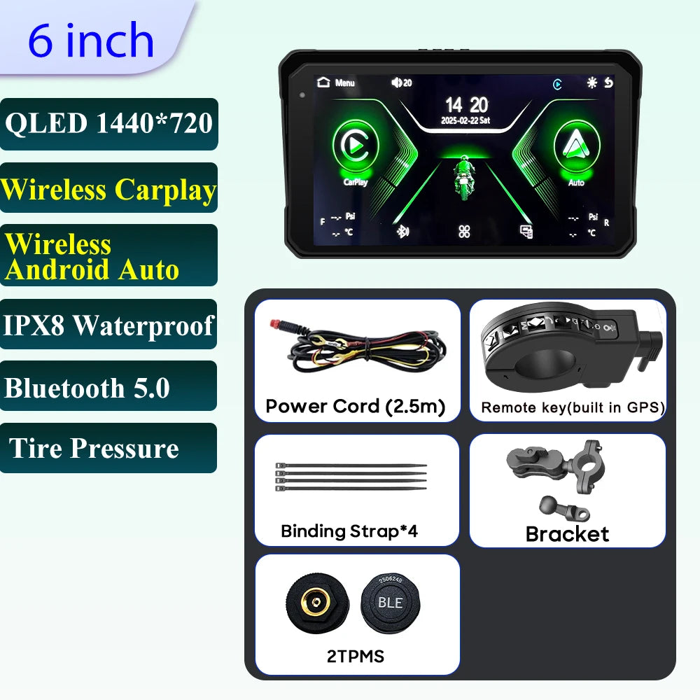 6 inch Motorcycle Navigation Incell Screen 1440*720 Wireless CarPlay Android Auto Motorcycle GPS Motor DVR Monitor TPMS Optional