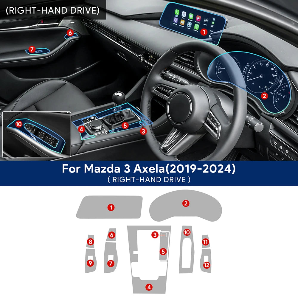 For Mazda 3 Axela 2019-2024 Car Interior Film Center Console Navigation Screen Gear Transparent TPU Protective Film Anti-scratch