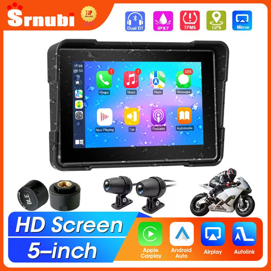 5 inch Carplay Motorcycle DVR Navigation GPS Wireless Carplay & Android Auto Display Screen Portable Motorbike DVR TPMS IPX7 BT