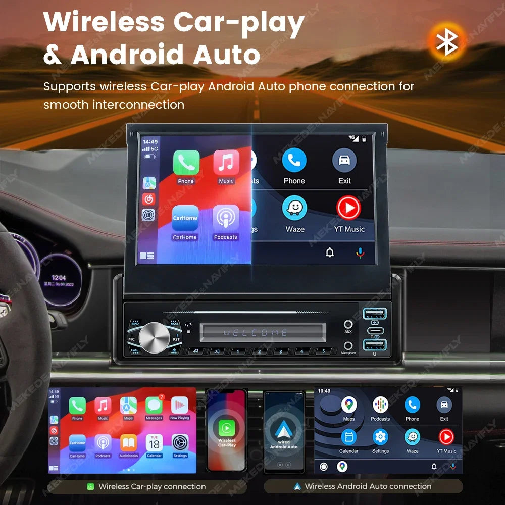 7 Inch Automatic Retractable Touch Screen Wireless Carplay Android Auto Universal 1 Din Car MP5 Player FM Radio BT Mirror Lin-k