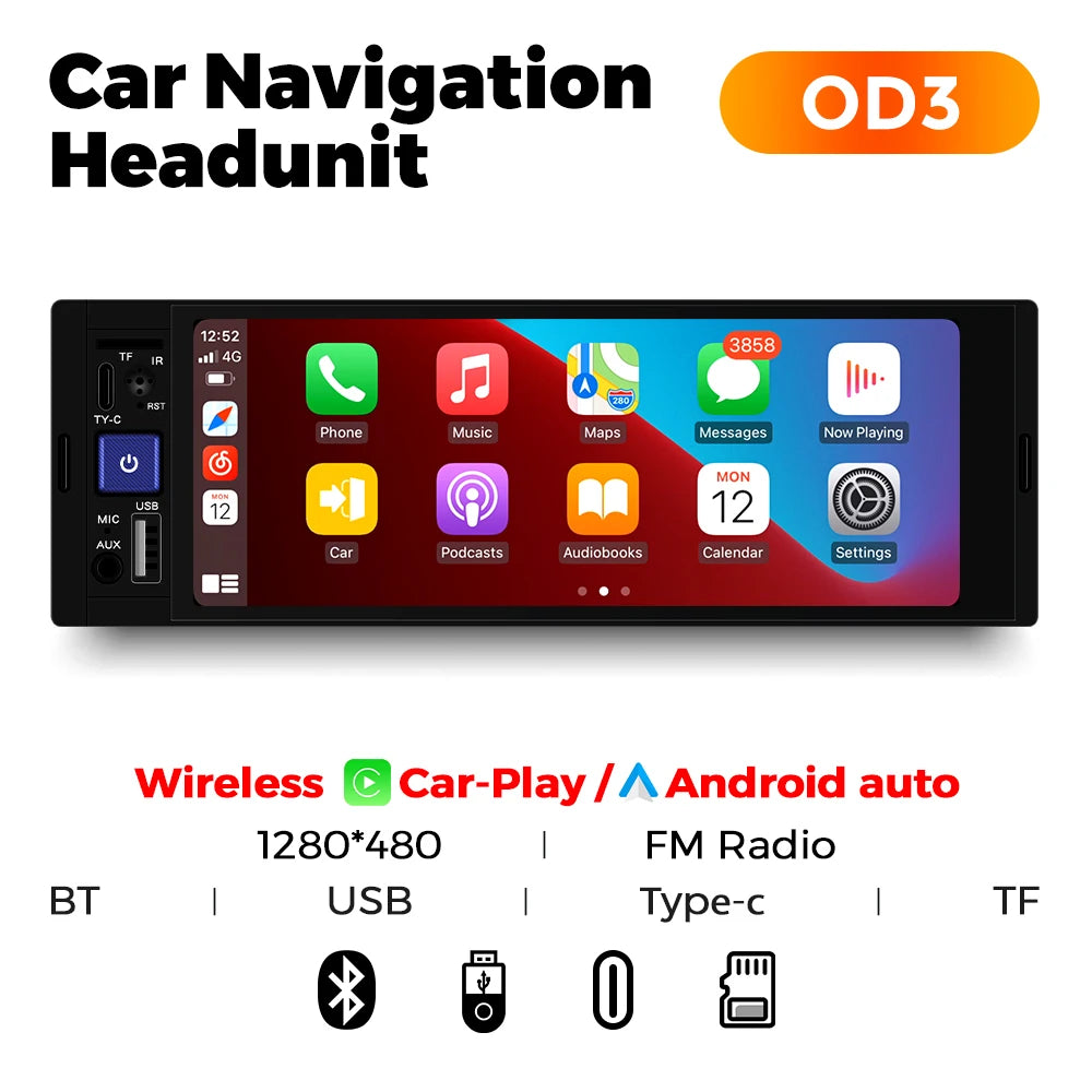 1Din 5inch Touch Screen Car Radio Multimedia Player Carplay Android Auto Display Navigation Mirrorlink MP5 Rear View Camera