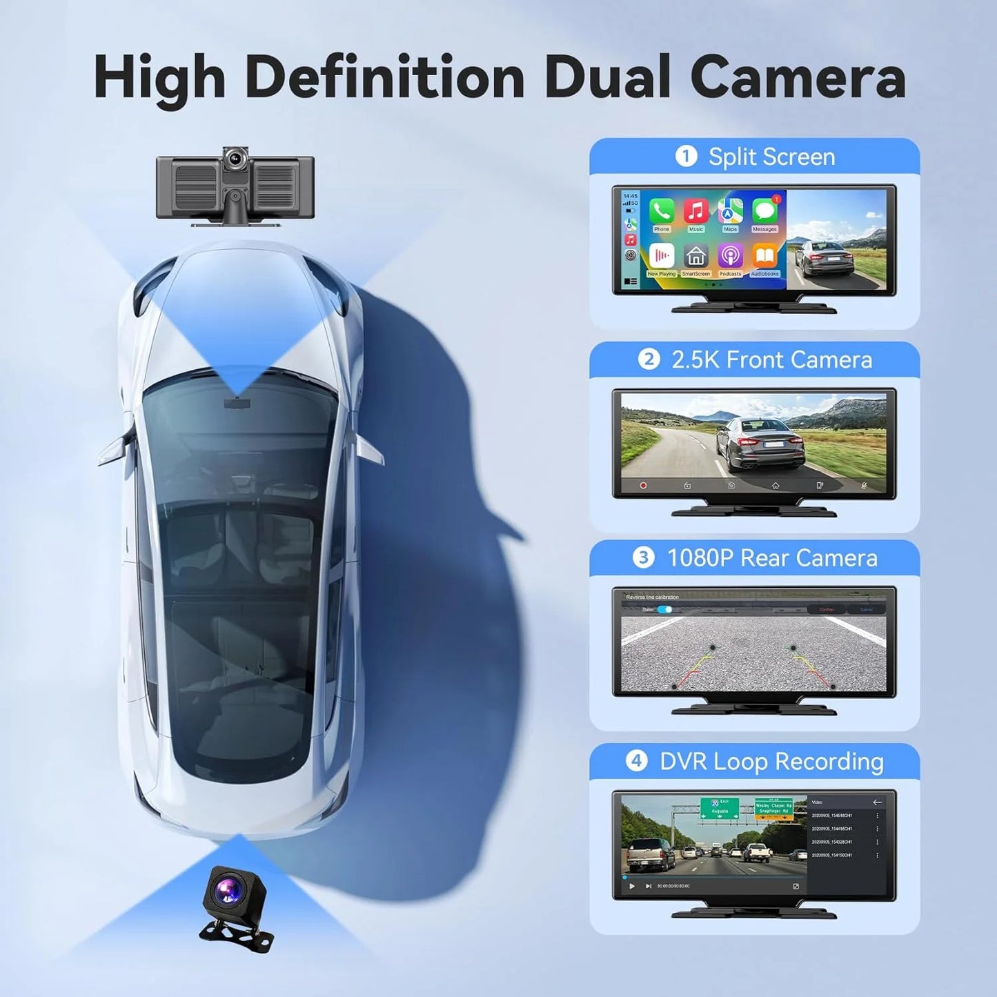 10.26" Wireless Carplay & Android Auto 4K Dash DVR Cam Smart Screen Dashboard Video Recorder Rearview Camera BT Mirror Monitor