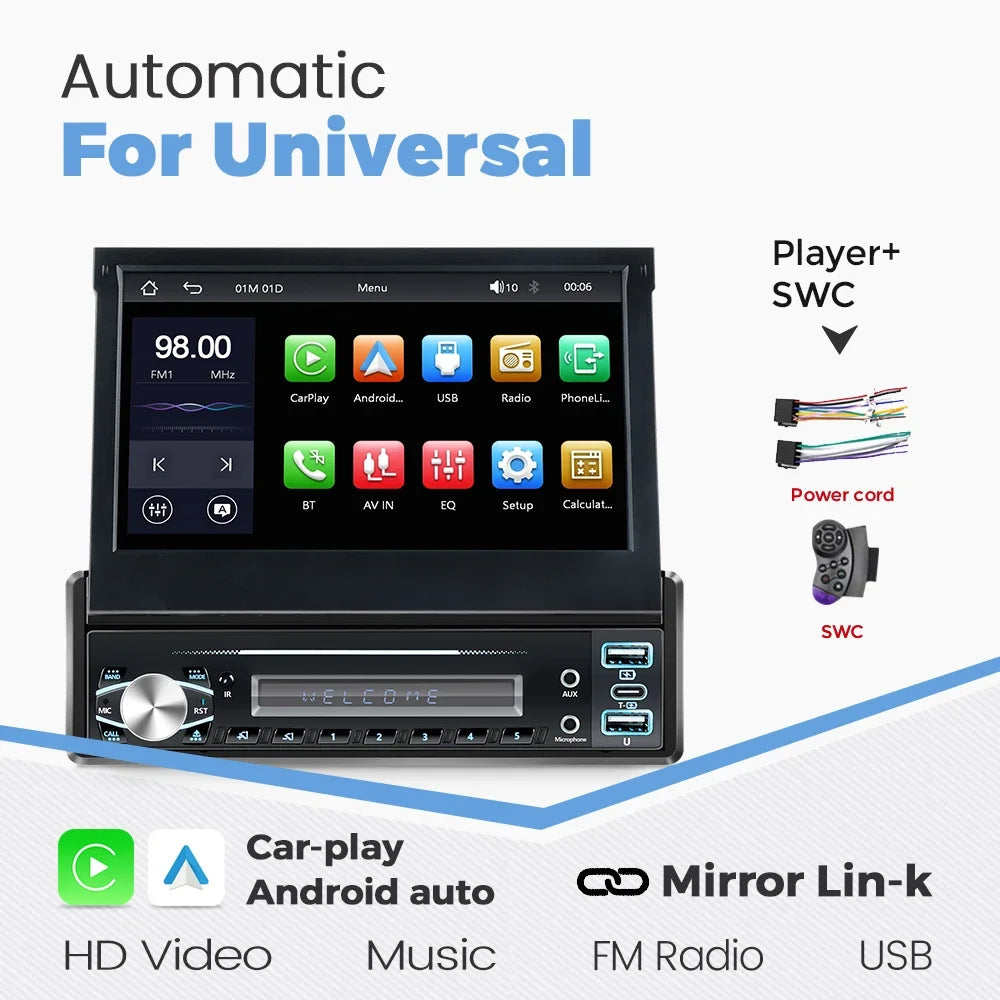 7 Inch Automatic Retractable Touch Screen Wireless Carplay Android Auto Universal 1 Din Car MP5 Player FM Radio BT Mirror Lin-k