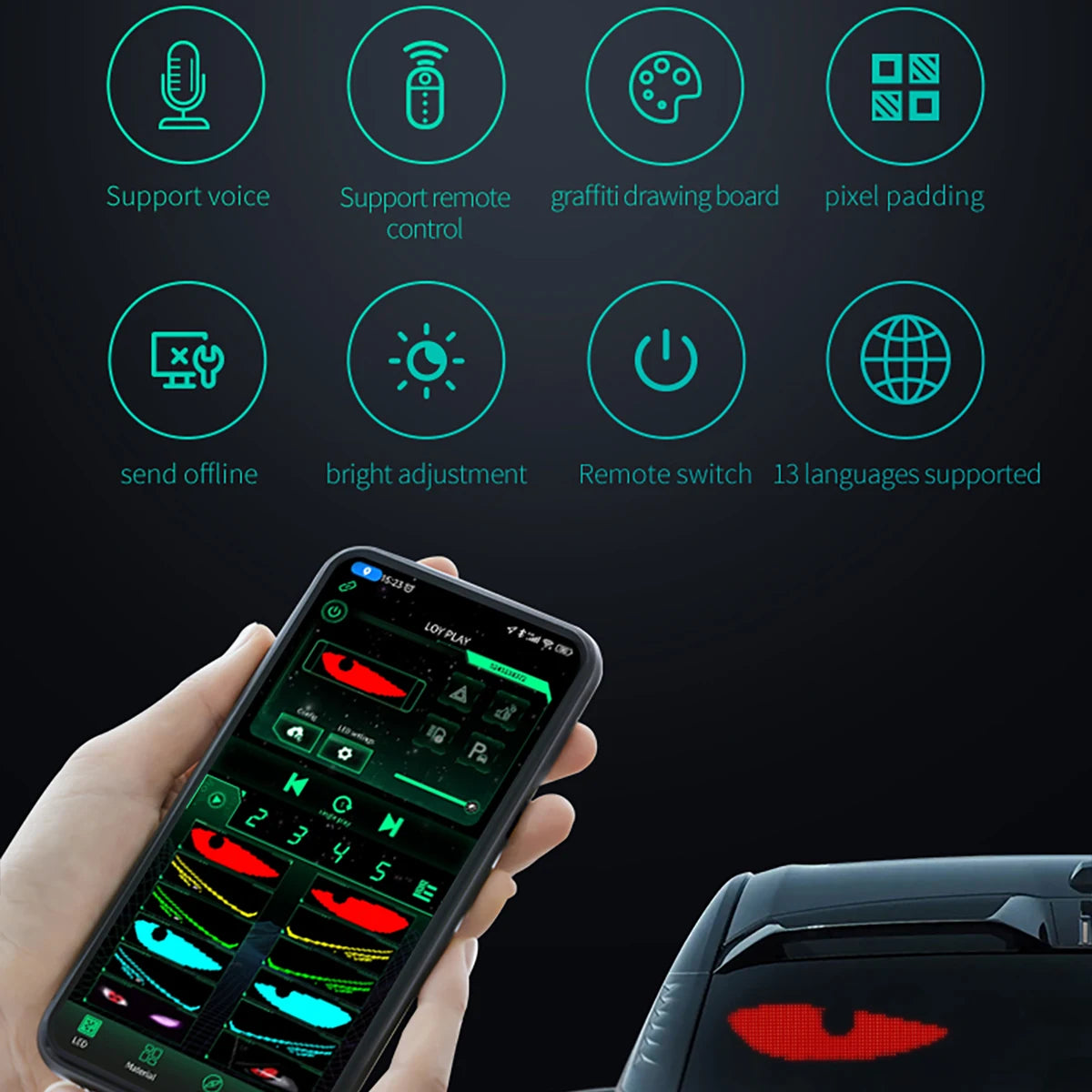 Car Smart LED Display Rear Windshield Interactive Screen DIY Pattern Graffiti Scrolling Text Funny Matrix Pixel Panel APP Cont